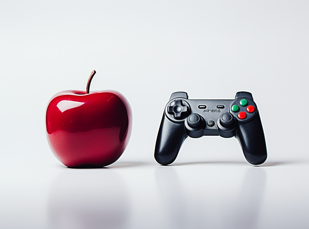 Ein Videospiel-Controller neben einem Apfel in einem Startup-Büro.