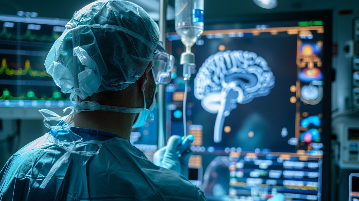 Ein Chirurg untersucht während eines Startvorgangs ein Gehirnbild auf einem Monitor.