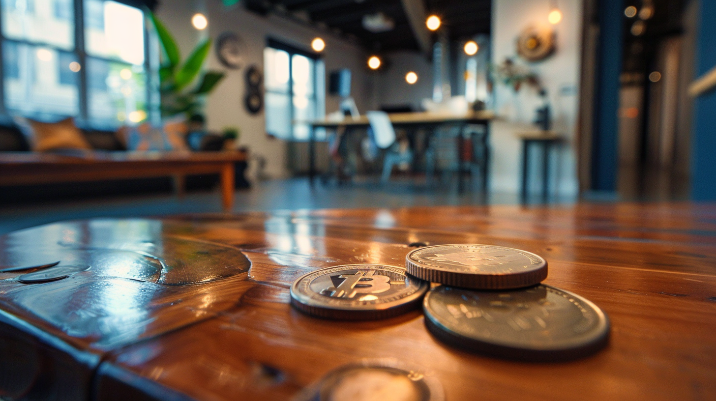 Bitcoin-Münzen und BAFA-Invest-Zuschuss-Literatur auf einem Holztisch in einem Café.