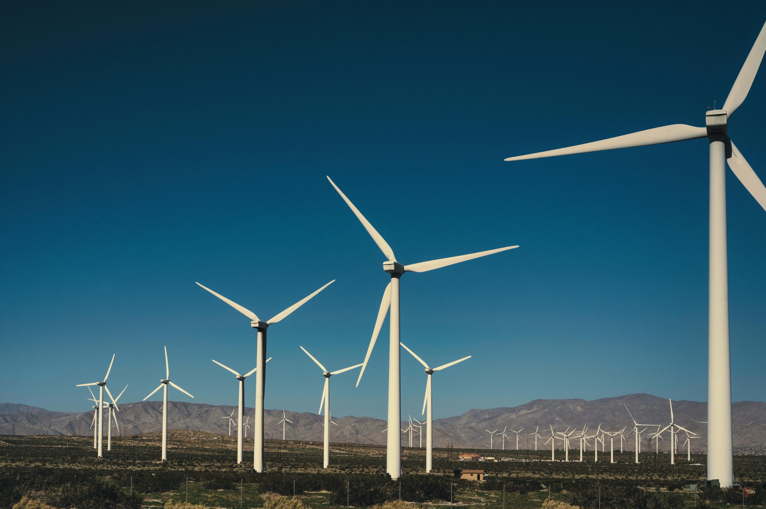 Ein Windpark mit mehreren Windkraftanlagen vor einem klaren blauen Himmel, der die Rolle der Digitalisierung bei der Bewältigung des Klimawandels verdeutlicht, mit Bergen im Hintergrund.