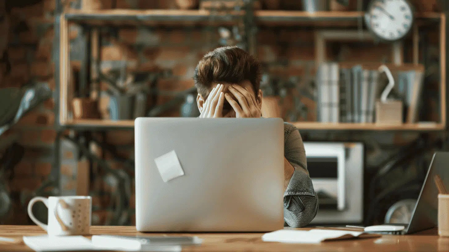 Mann fühlt sich wegen möglicher Entlassungen gestresst, während er in einem Homeoffice im Silicon Valley an einem Laptop arbeitet.