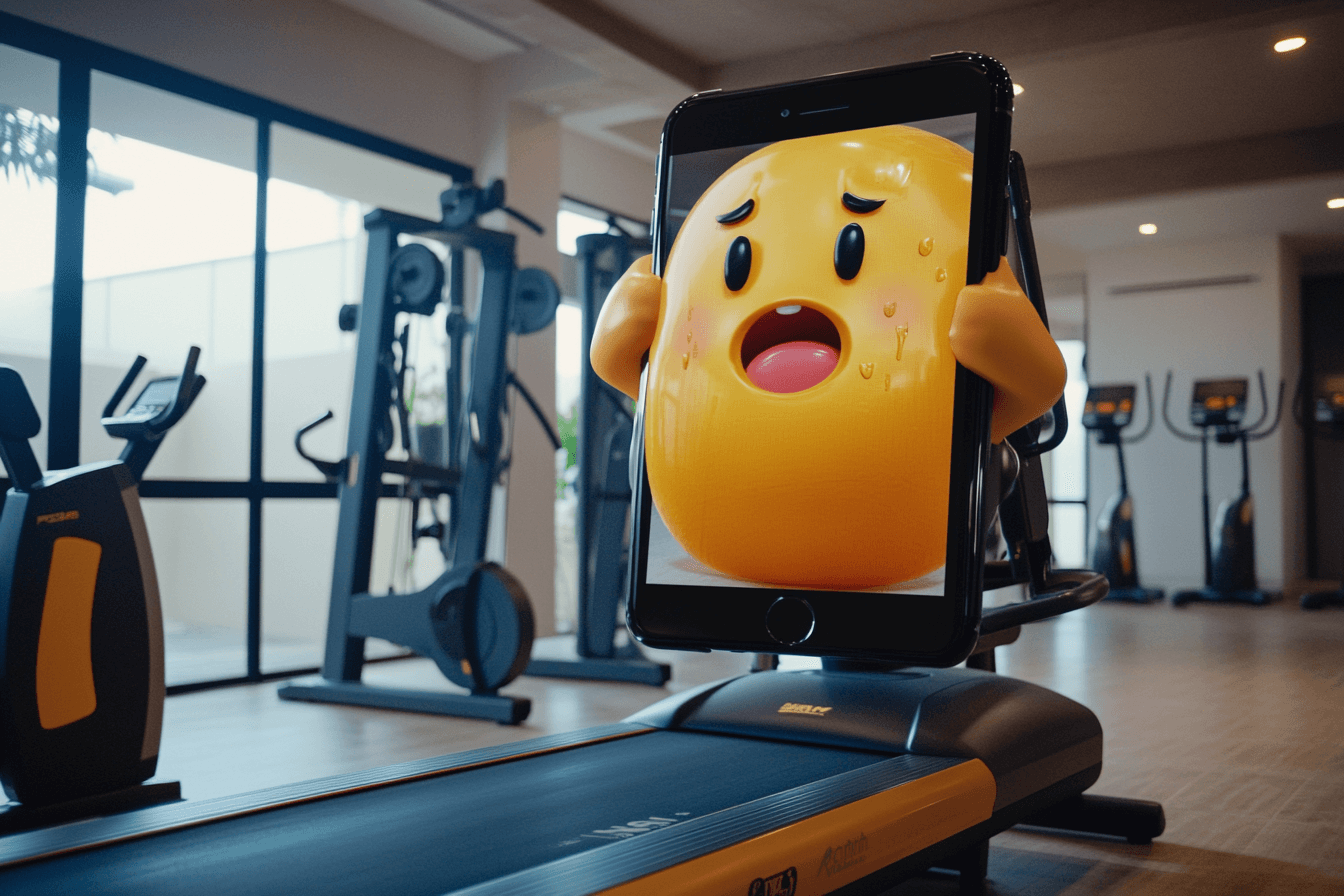 a cellphone with a cartoon face on a treadmill