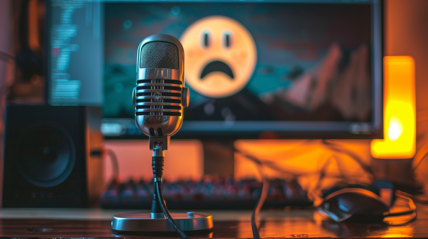 Vintage-Mikrofon in einem Heimstudio mit einem Computermonitor, der im Hintergrund ein trauriges Emoticon anzeigt, das von Künstler*innen zum Aufnehmen von Musik verwendet wird.