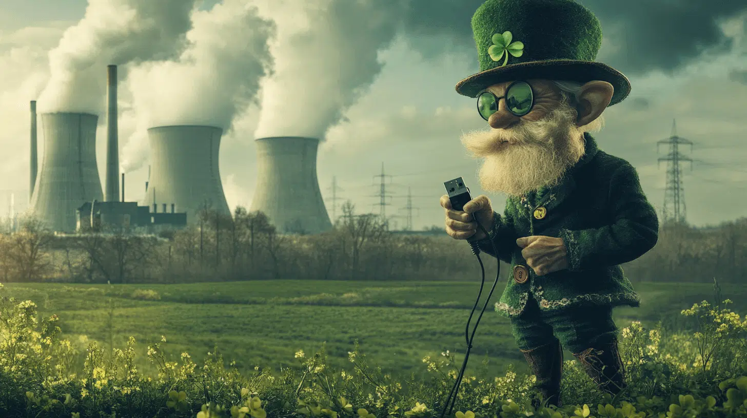 a leprechaun holding a phone in front of nuclear power plant