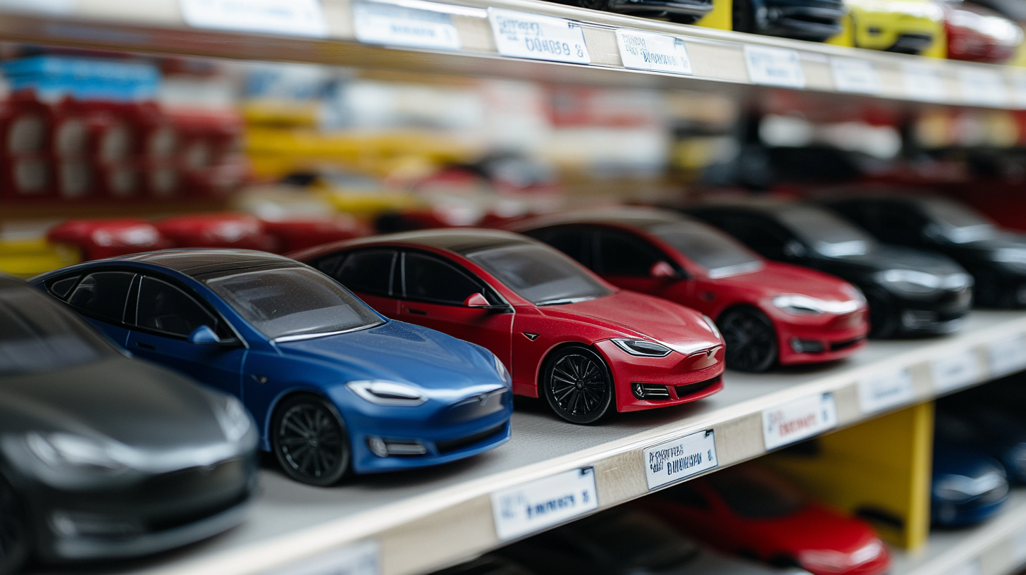 Auf Regalen sind Reihen von Miniaturautomodellen in den unterschiedlichsten Farben, darunter Blau, Rot und Schwarz, ausgestellt. Darunter ist auch ein auffälliger Tesla.