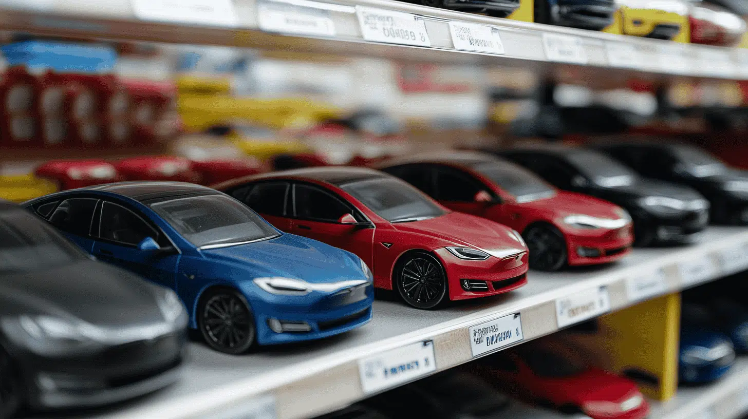 Auf Regalen sind Reihen von Miniaturautomodellen in den unterschiedlichsten Farben, darunter Blau, Rot und Schwarz, ausgestellt. Darunter ist auch ein auffälliger Tesla.