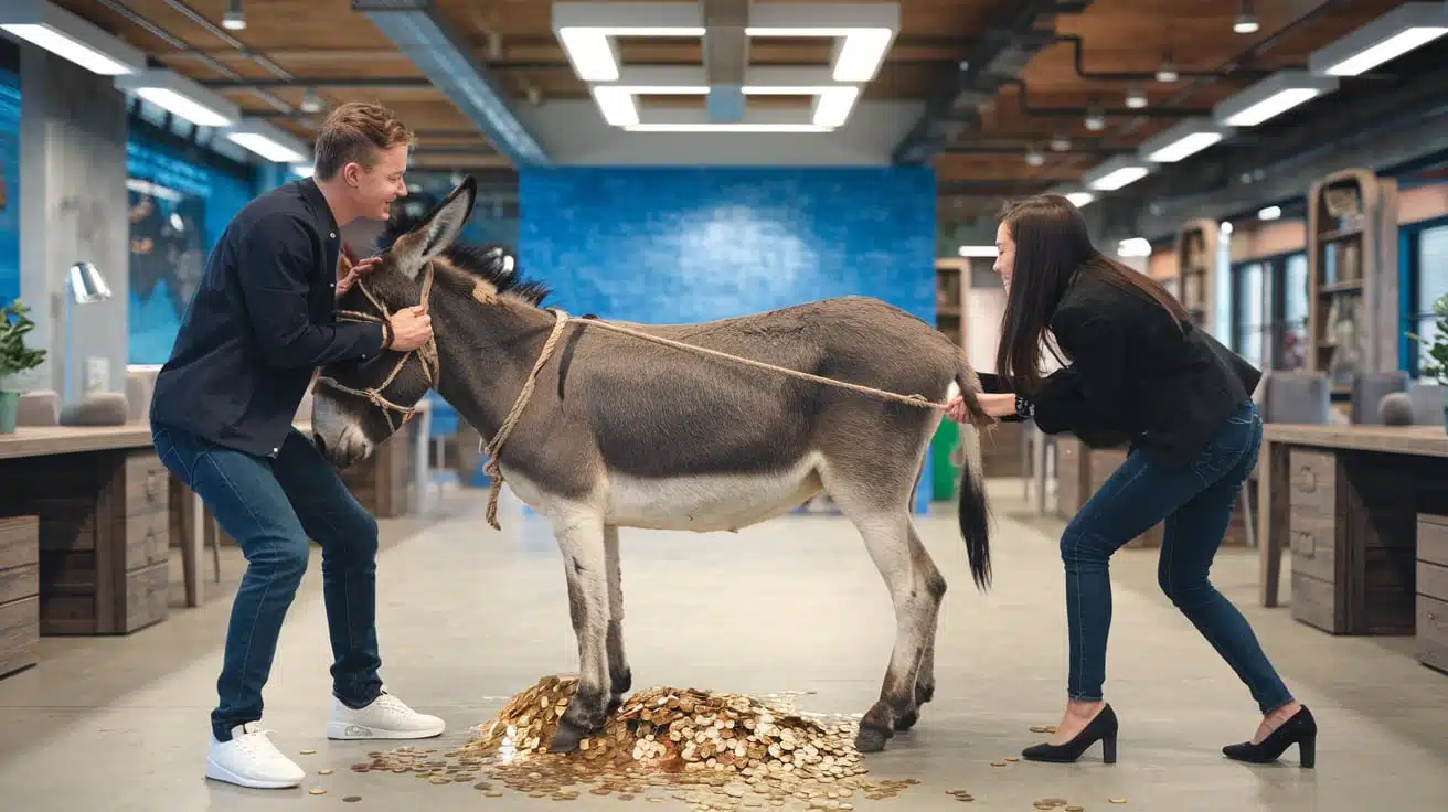 a man and woman standing next to a donkey