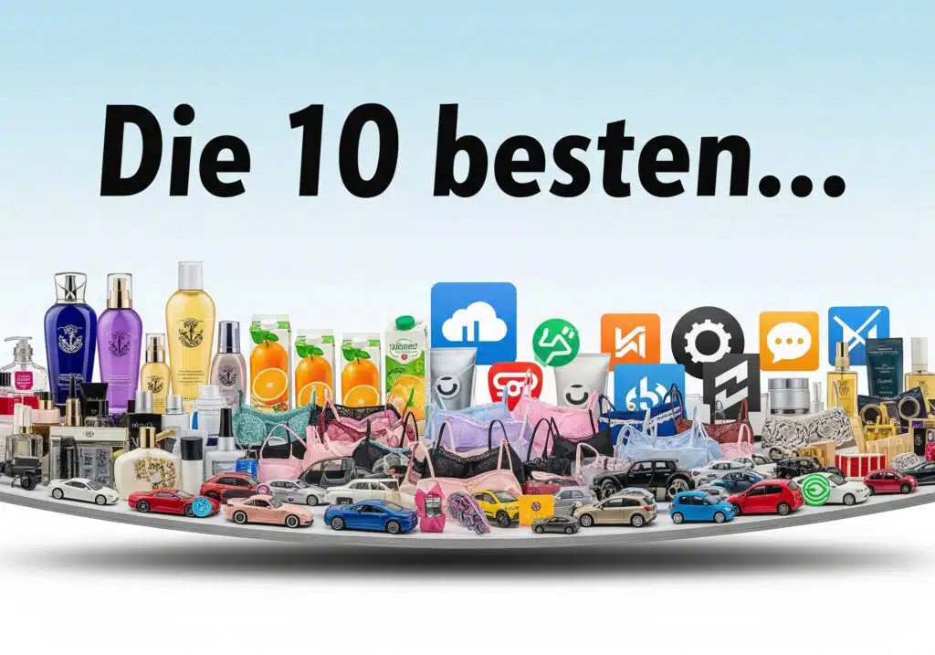 Text Die 10 besten... über verschiedenen Produktbildern, darunter Kosmetik, Autos, Masken, Apps und Lebensmittel. Ideal für alle, die sich fragen: Wie ranke ich bei ChatGPT und inspirierende Produktideen entdecken möchte.