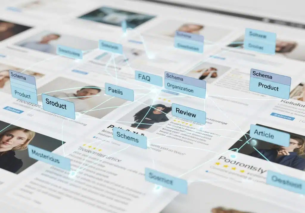 Digitale Profile, die durch schwebende blaue Etiketten wie "Produkt", "Rezension", "Schema" und "FAQ" miteinander verbunden sind, veranschaulichen, wie Inhalte optimiert werden können - und beantworten Fragen wie "Wie ranke ich bei ChatGPT" auf visuell ansprechende Weise.