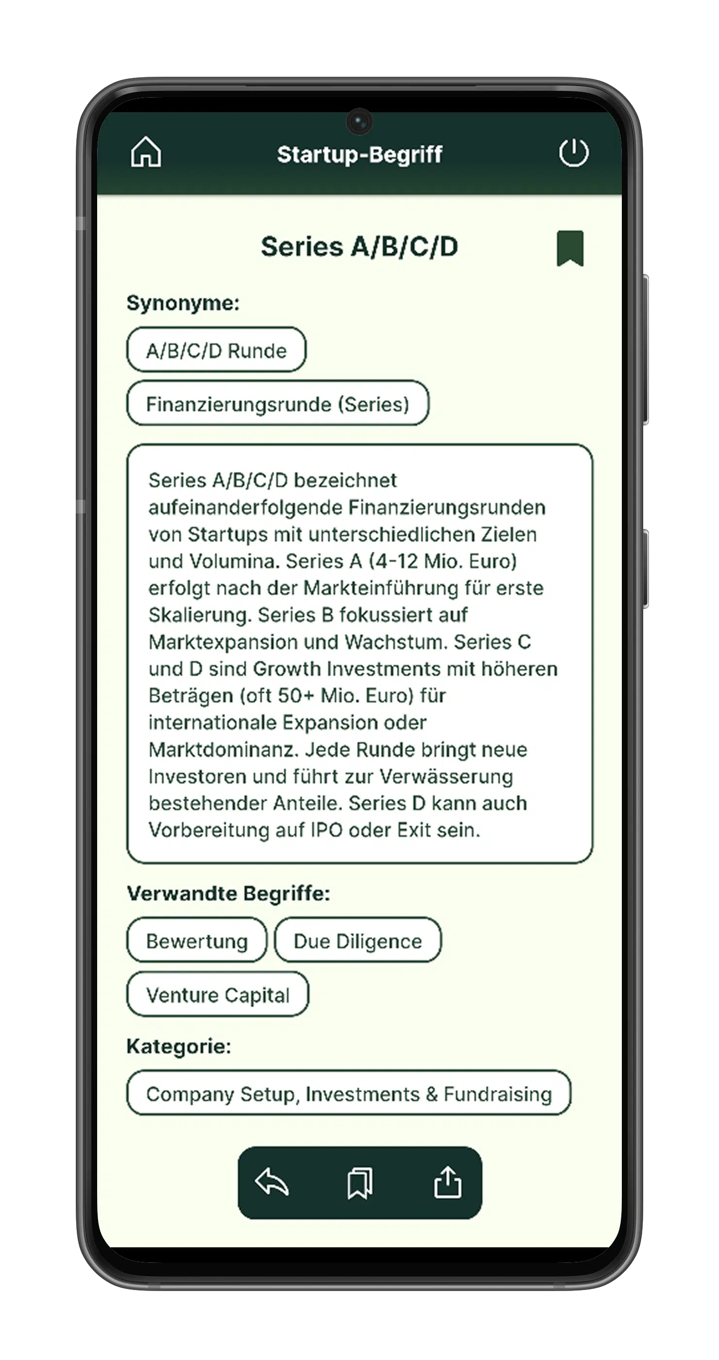 Der Bildschirm eines Smartphones zeigt einen deutschen Glossareintrag für Finanzierungsrunden von Start-ups der Serien A/B/C/D.