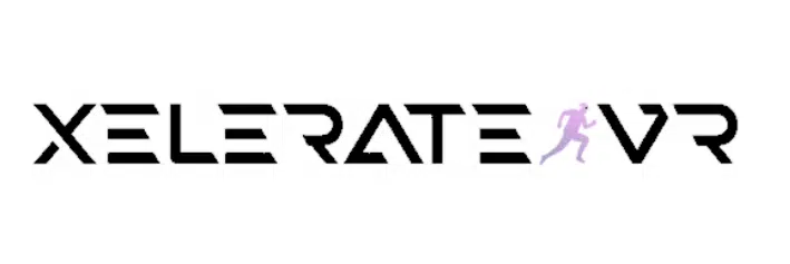 Das XELERATE VR-Logo besteht aus einer fetten, kantigen Schrift, zwischen den Buchstaben E und V auf weißem Hintergrund ist eine violette, rennende Figur zu sehen, die für „Erfolgsbeispiele“ steht.